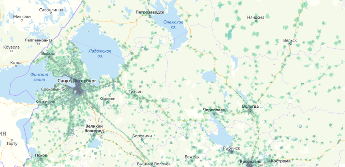 Зона покрытия МТС на карте Рязань 
